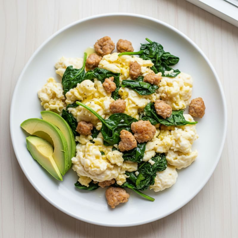 Egg White Scramble with Turkey Sausage and Sautéed Spinach