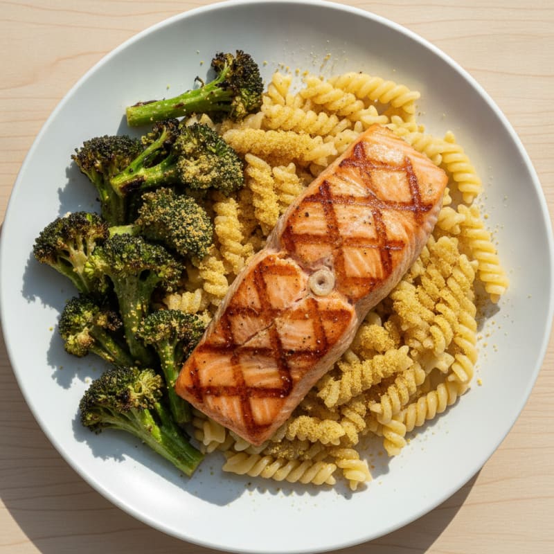 Grilled Salmon with Chickpea Pasta and Roasted Broccoli