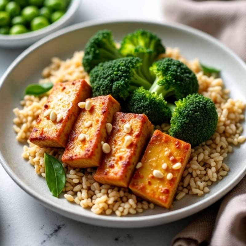 Crispy Baked Peanut Tofu with Roasted Broccoli and Brown Rice