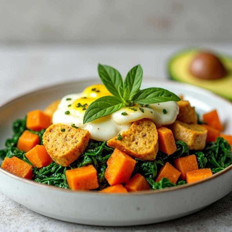 Egg White and Turkey Sausage Scramble with Spinach and Sweet Potato