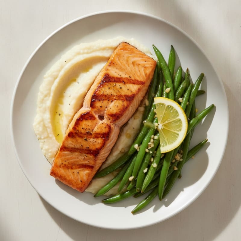Seared Salmon with Garlic Green Beans and Cauliflower Mash