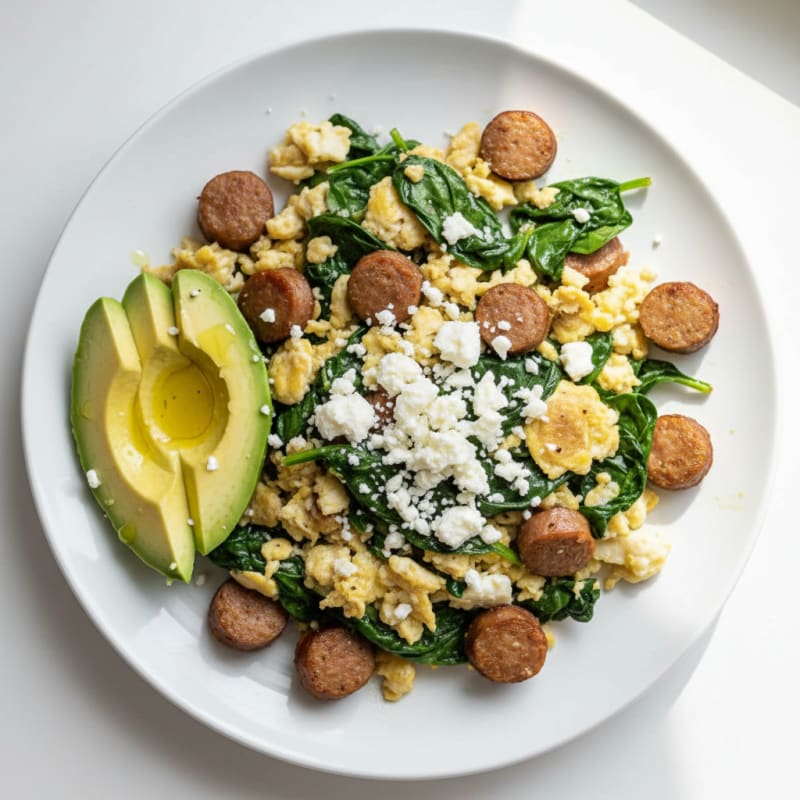 Egg White and Turkey Sausage Scramble with Spinach and Feta