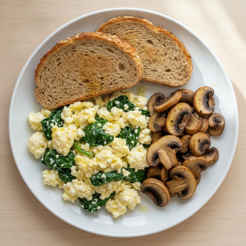 Cottage Cheese Scramble with Spinach and Sautéed Mushrooms
