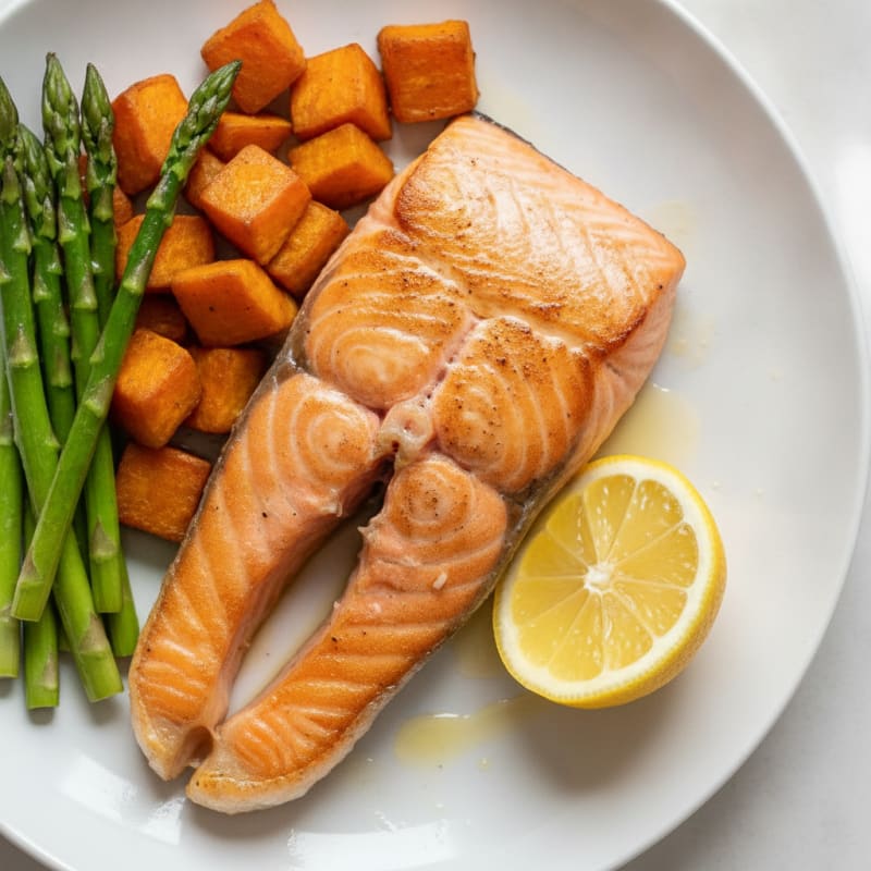 Seared Salmon Filet with Roasted Sweet Potato and Asparagus