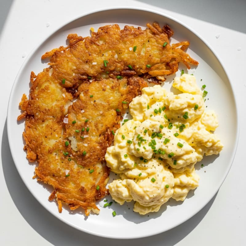 Crispy Golden Hashbrowns with Creamy Scrambled Eggs