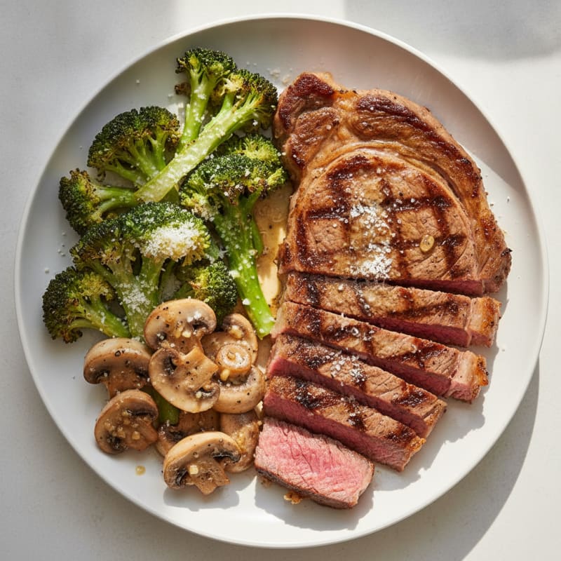 Pan-Seared Ribeye Steak with Roasted Broccoli and Garlic Butter Mushrooms
