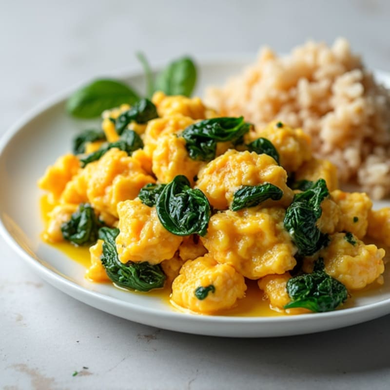Scrambled Eggs with Chicken Breast and Sautéed Spinach