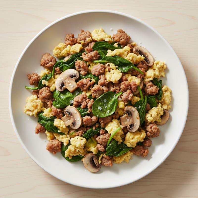 Egg White and Turkey Sausage Scramble with Spinach and Mushrooms