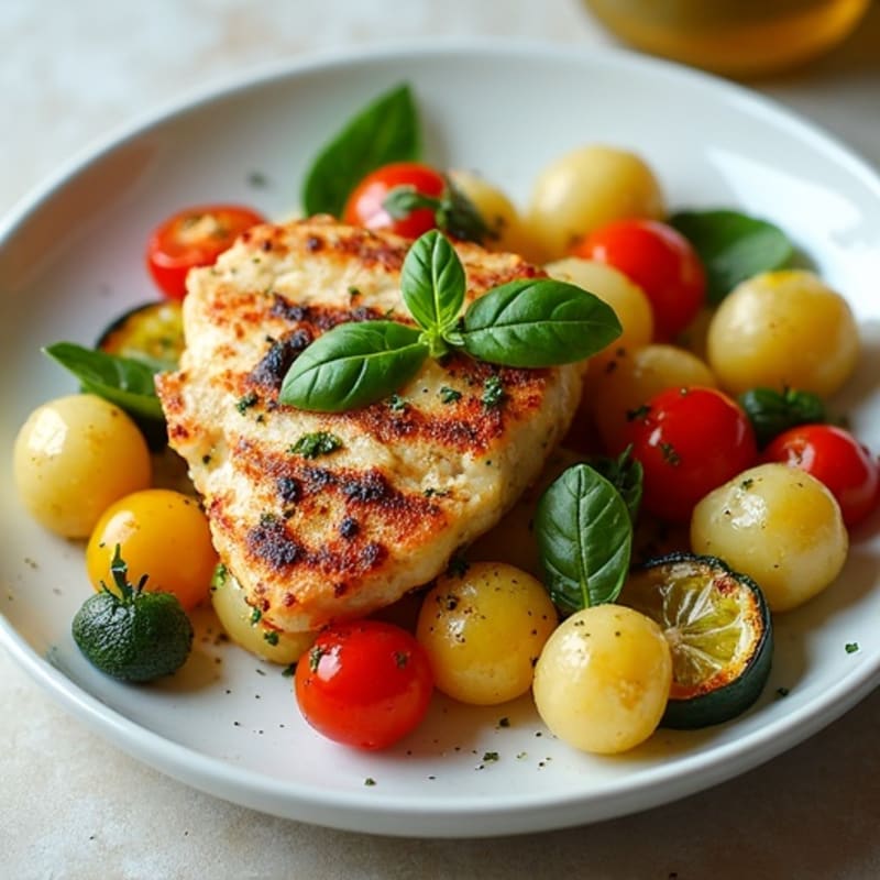 Crispy Roasted Gnocchi with Fresh Basil Pesto and Roasted Vegetables with Chicken