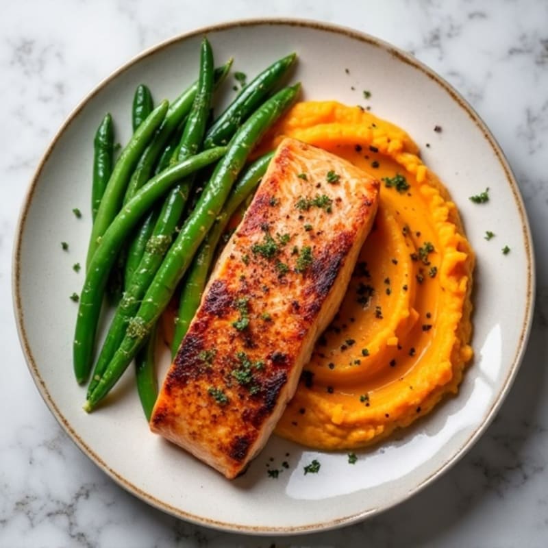 Seared Salmon Fillet with Garlic Green Beans and Sweet Potato Mash