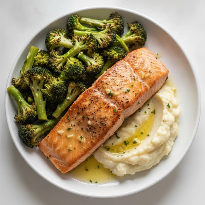 Seared Salmon with Roasted Broccoli and Garlic Mashed Cauliflower