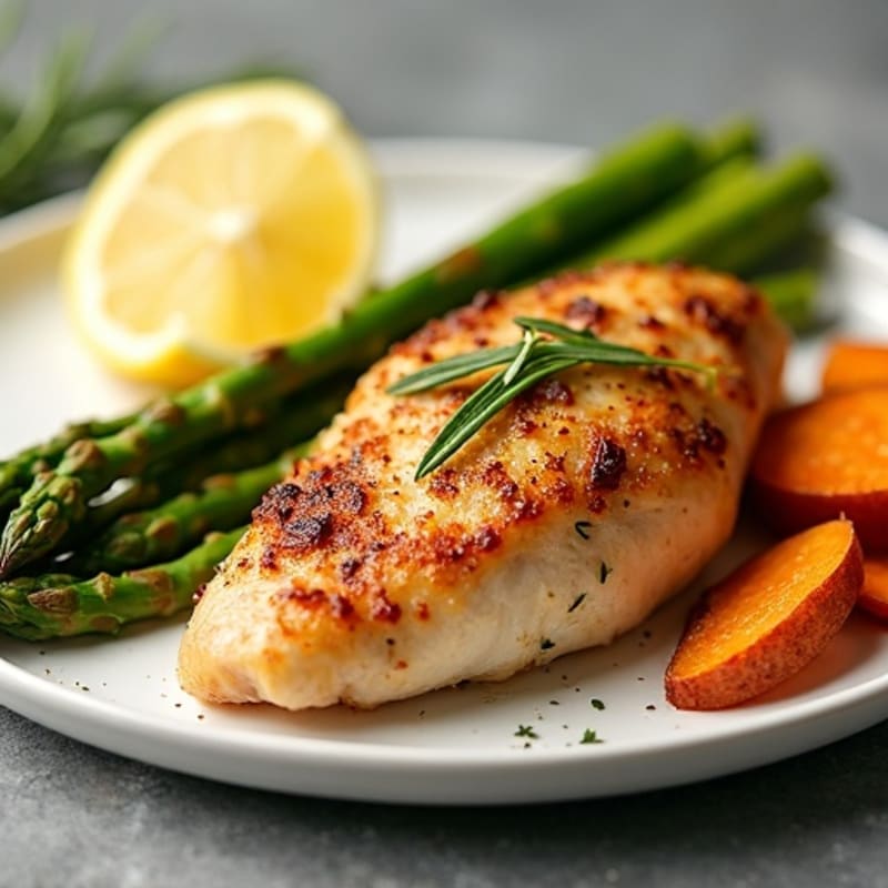 Crispy Lemon Herb Baked Chicken with Roasted Asparagus and Sweet Potatoes