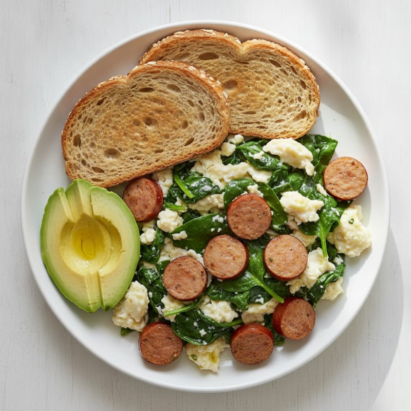Egg White and Spinach Scramble with Turkey Sausage