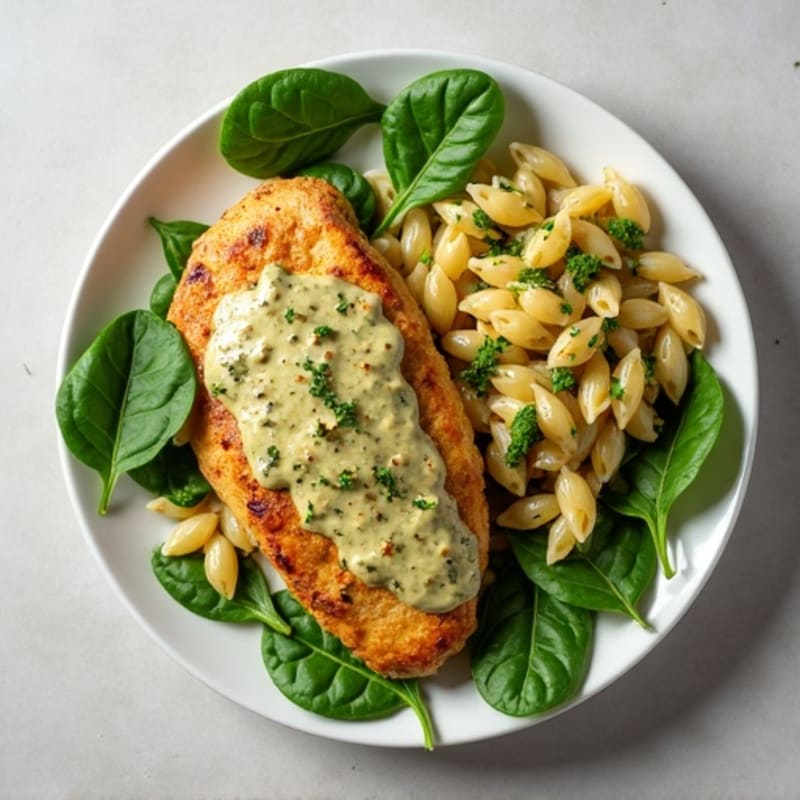 Creamy Pesto Chicken with Whole Wheat Pasta and Fresh Spinach