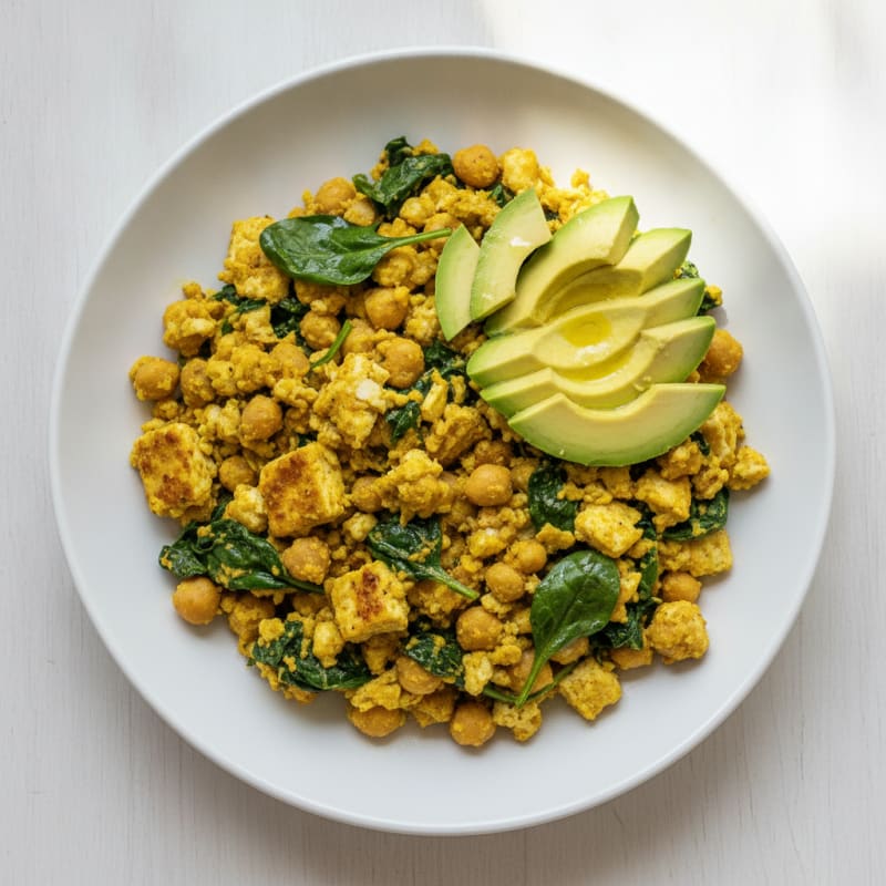 Silky Tofu and Chickpea Scramble with Spinach