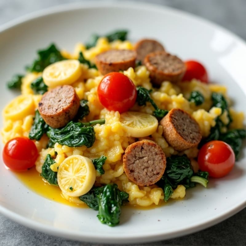 Egg White and Turkey Sausage Scramble with Spinach and Cherry Tomatoes