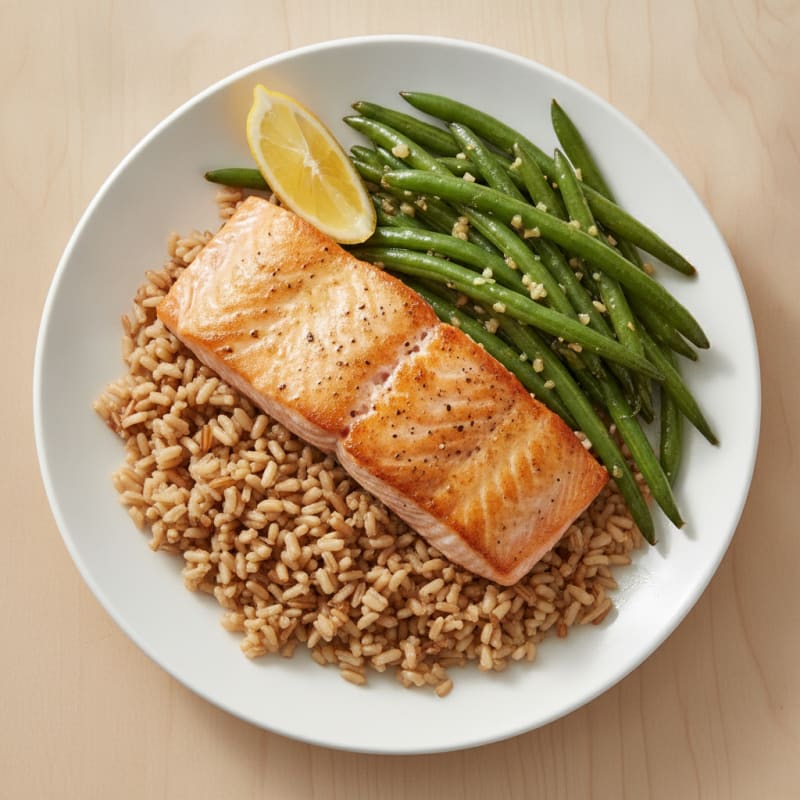 Seared Salmon with Garlic Green Beans and Brown Rice
