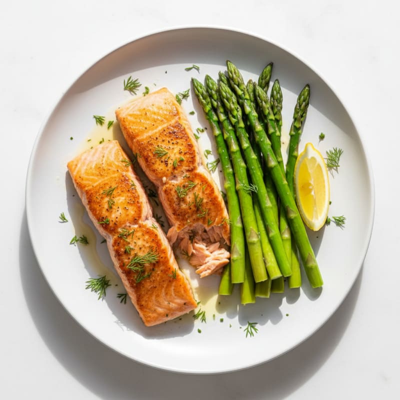 Seared Salmon with Steamed Asparagus and Fresh Dill