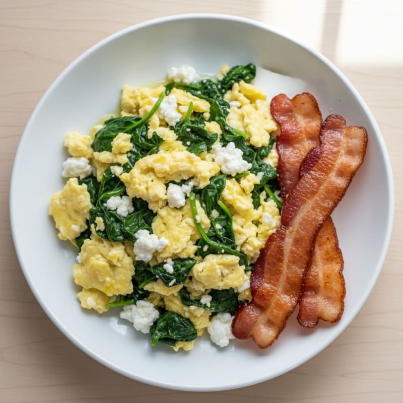 Cottage Cheese Scramble with Spinach and Turkey Bacon
