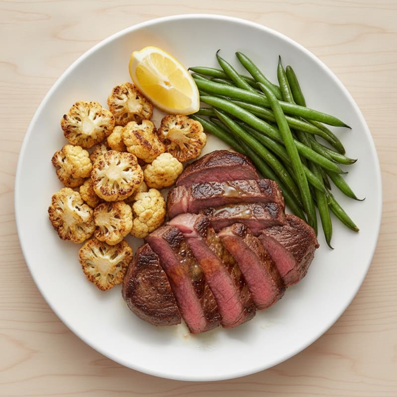 Seared Lean Beef with Roasted Cauliflower and Green Beans