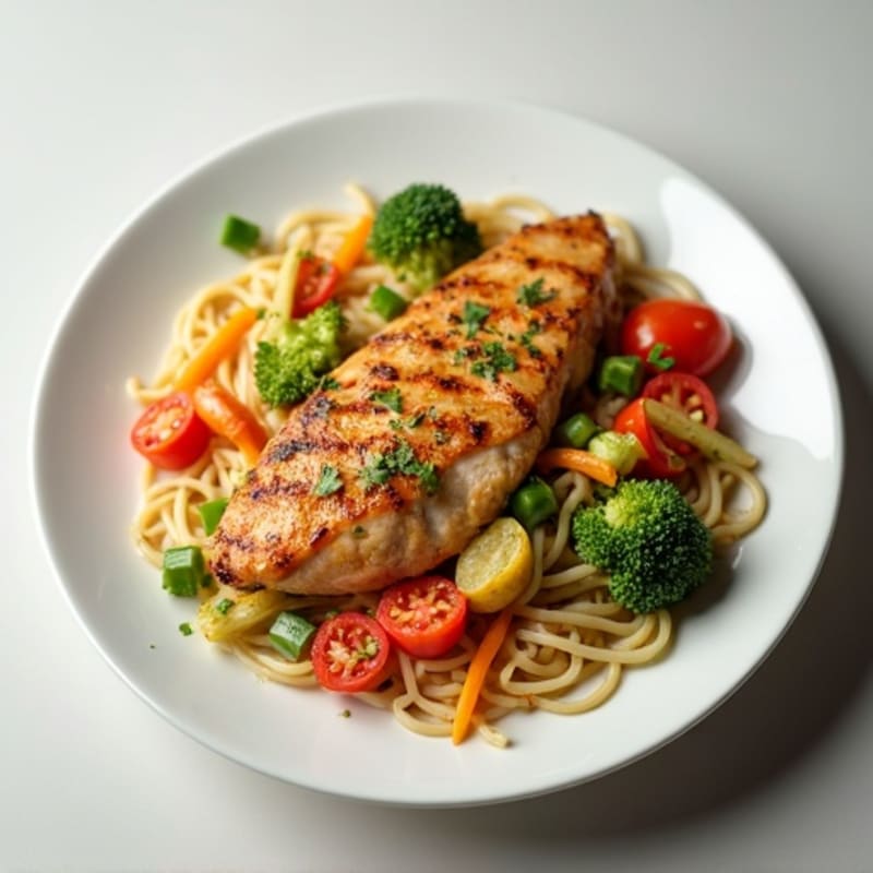 Pan-Seared Chicken with Creamy Peanut Noodles and Fresh Vegetables