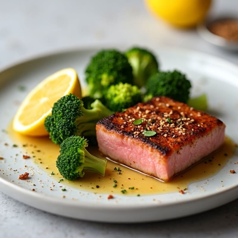 Seared Tuna Steak with Roasted Broccoli and Lemon
