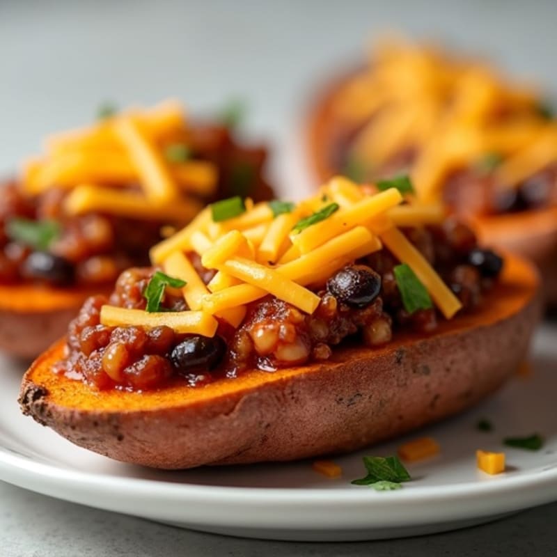 Crispy Baked Sweet Potato Skins with Lean Chili and Sharp Cheddar