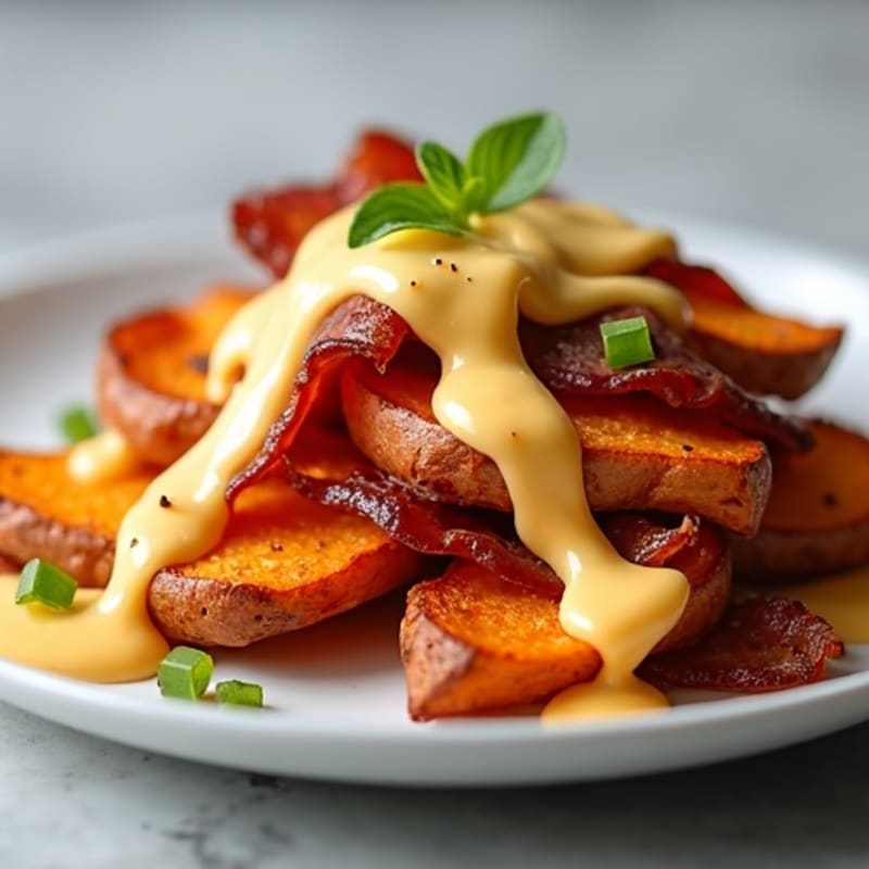 Crispy Roasted Sweet Potato Wedges with Smoky Turkey Bacon and Creamy Cheesy Drizzle