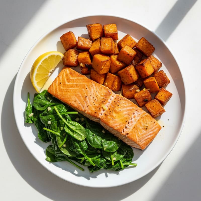 Seared Salmon Fillet with Roasted Sweet Potatoes and Sautéed Spinach