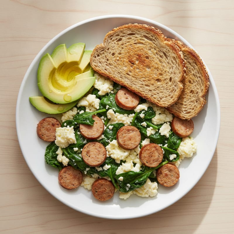 Egg White and Spinach Scramble with Turkey Sausage