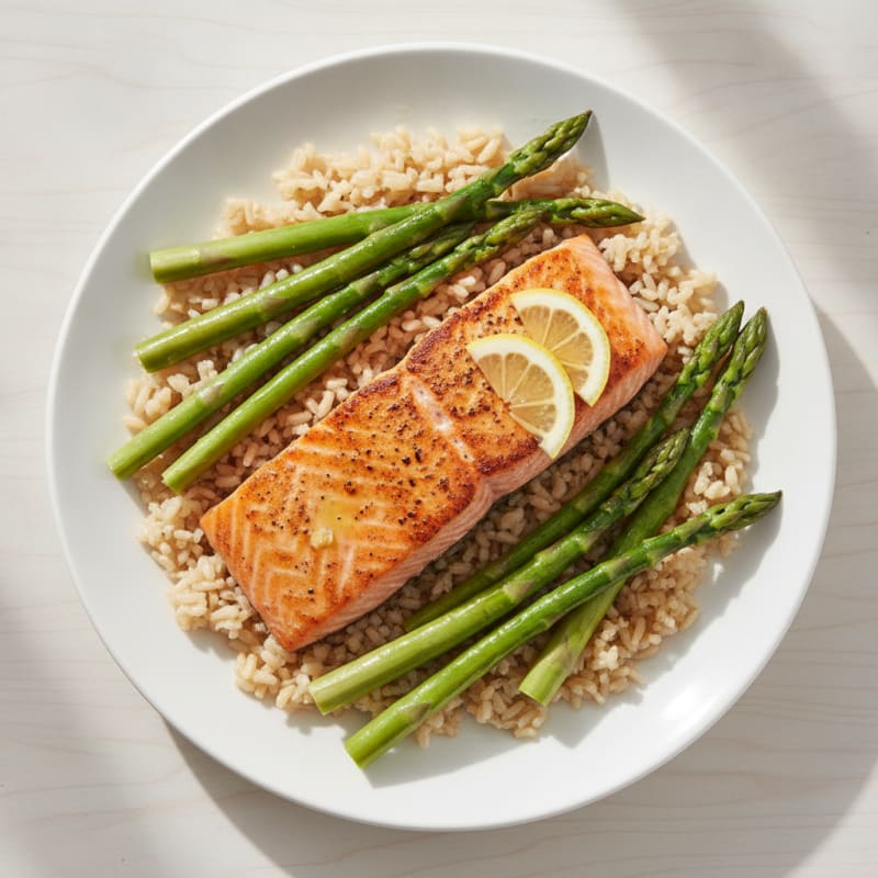 Seared Salmon with Steamed Asparagus and Brown Rice