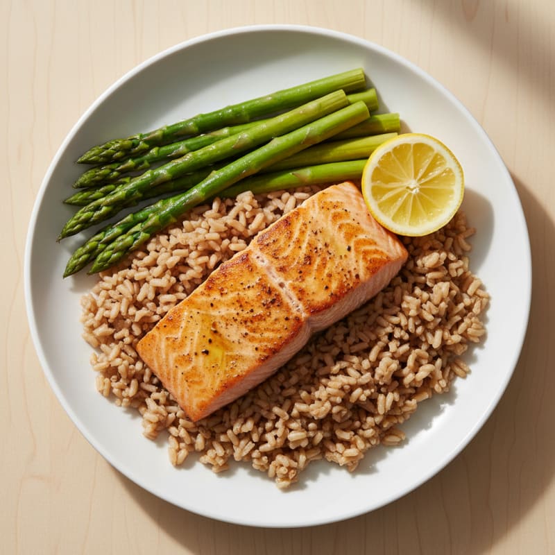 Seared Salmon with Steamed Asparagus and Brown Rice
