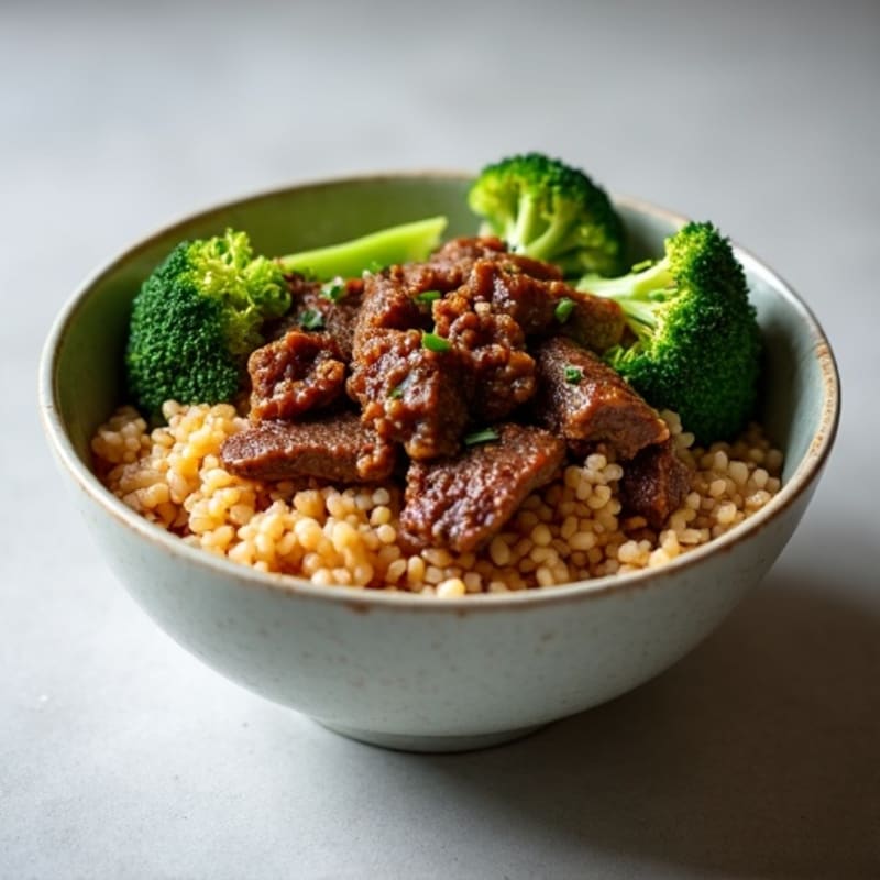 Savory Garlic Beef and Crispy Broccoli Brown Rice Bowl