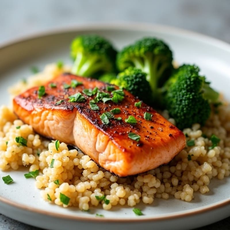 Seared Salmon with Steamed Broccoli and Quinoa