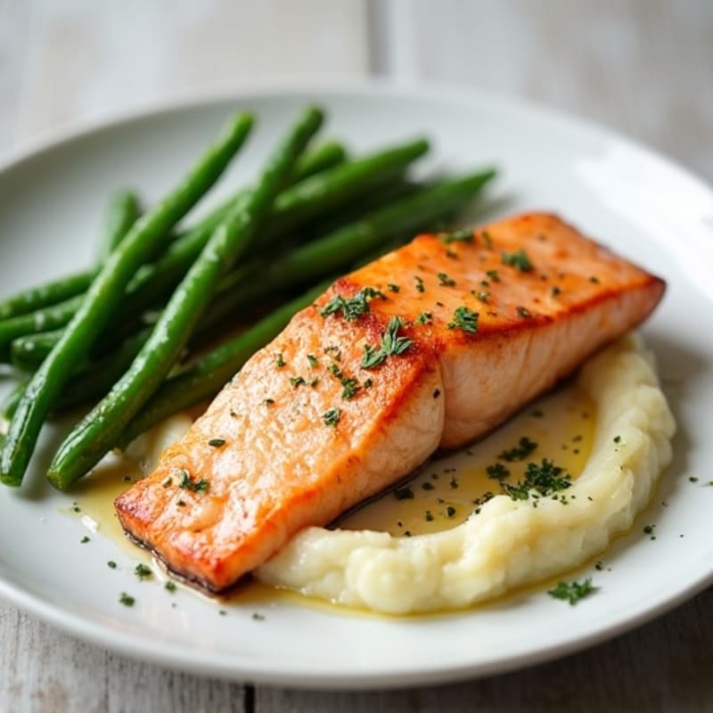 Seared Salmon with Garlic Green Beans and Cauliflower Mash
