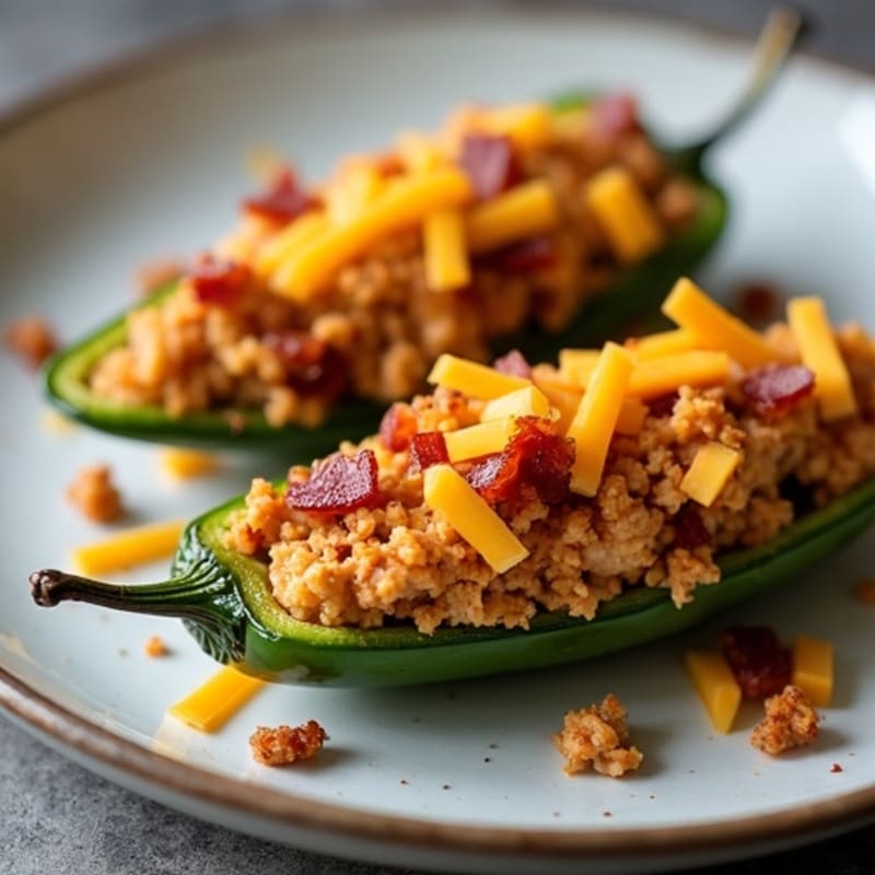 Spicy Baked Jalapeño Halves with Lean Ground Chicken and Crispy Bacon Crumble