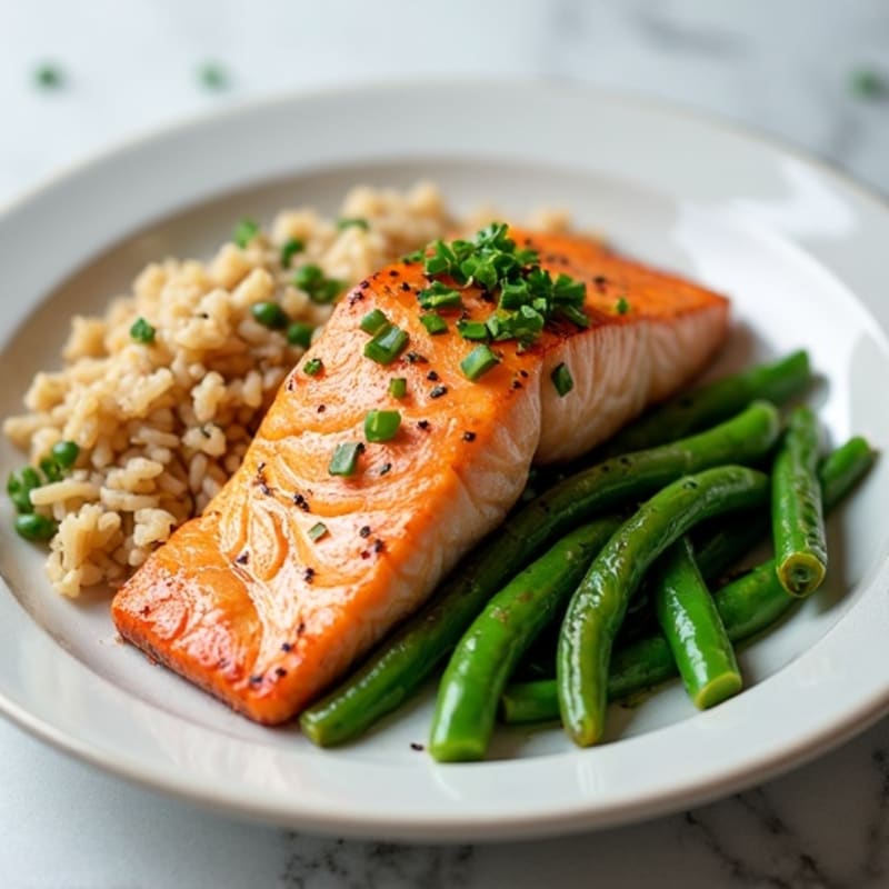 Seared Salmon Fillet with Steamed Green Beans and Brown Rice