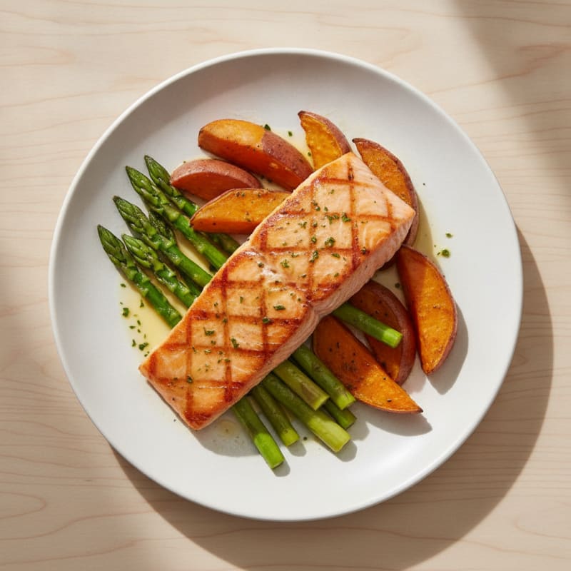 Seared Salmon Fillet with Roasted Sweet Potato and Asparagus