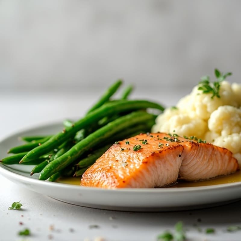 Seared Salmon Fillet with Steamed Green Beans and Garlic Mashed Cauliflower