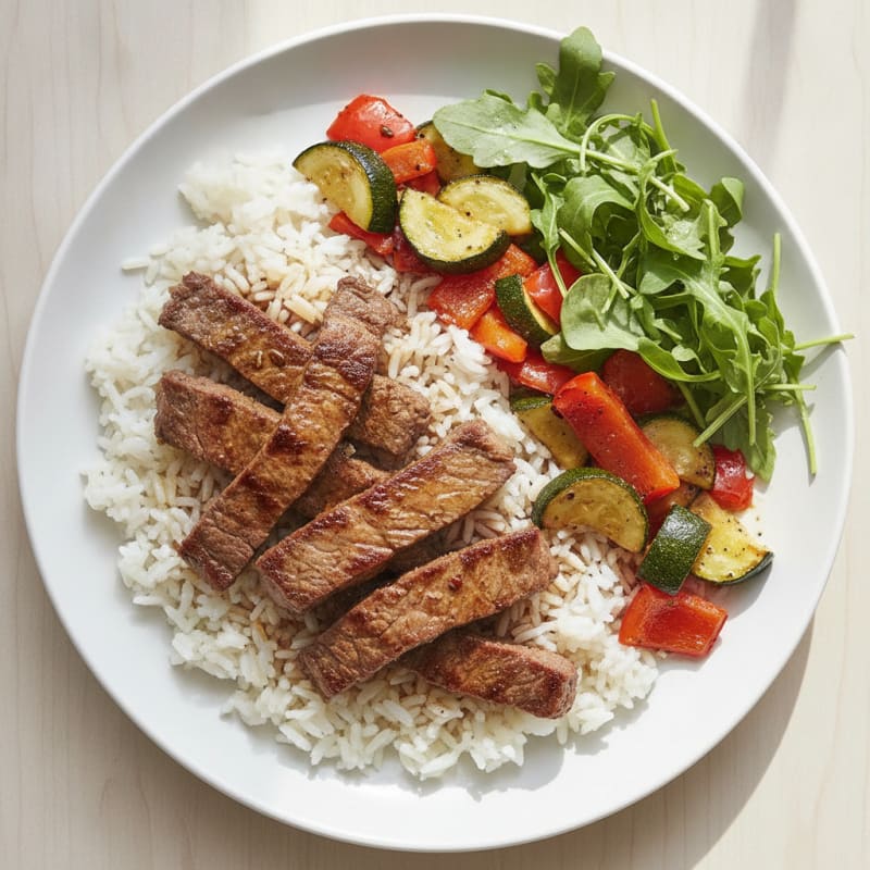 Seared Lean Beef Strips with Roasted Vegetables and Jasmine Rice