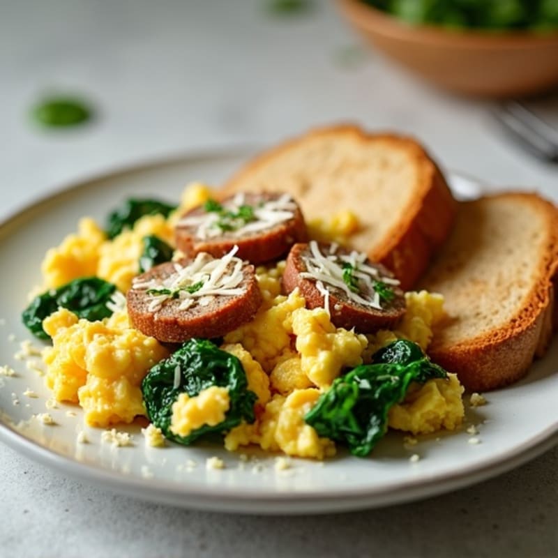 Egg White Scramble with Turkey Sausage and Sautéed Spinach