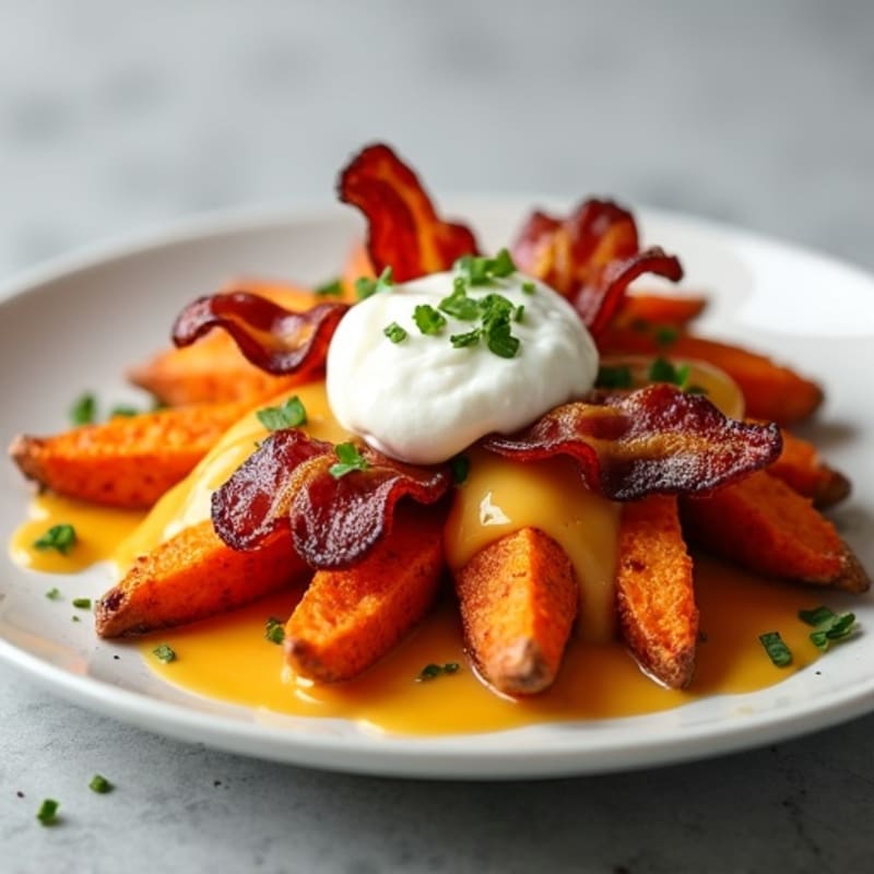 Loaded Roasted Sweet Potato Fries with Creamy Cheese Sauce and Crispy Bacon