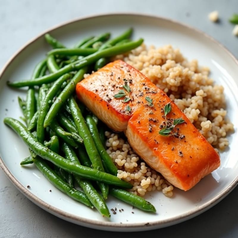 Seared Salmon with Garlic Green Beans and Brown Rice
