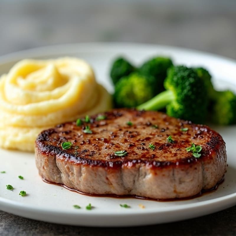 Seared Steak with Garlic Mashed Potatoes and Steamed Broccoli