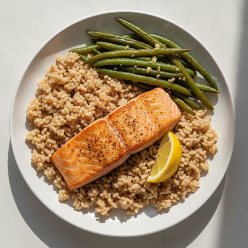 Seared Salmon with Garlic Green Beans and Brown Rice