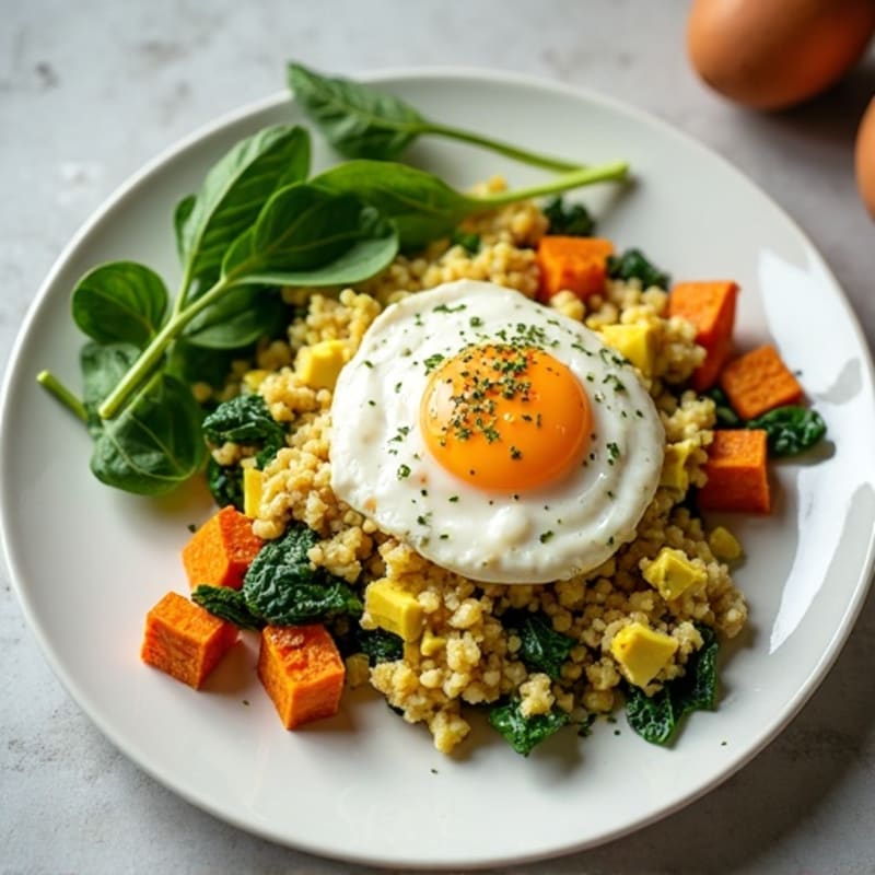 Egg White and Turkey Spinach Scramble with Roasted Sweet Potato