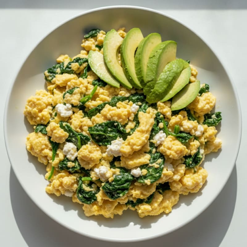 Scrambled Eggs with Cottage Cheese and Sautéed Spinach