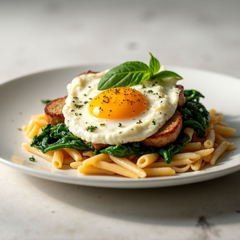Egg White and Turkey Sausage Scramble with Spinach, Feta, and a Side of Whole Wheat Pasta