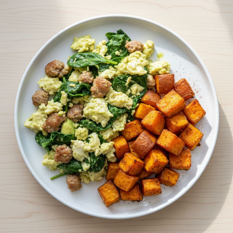 Egg White and Turkey Sausage Scramble with Spinach and Roasted Sweet Potatoes