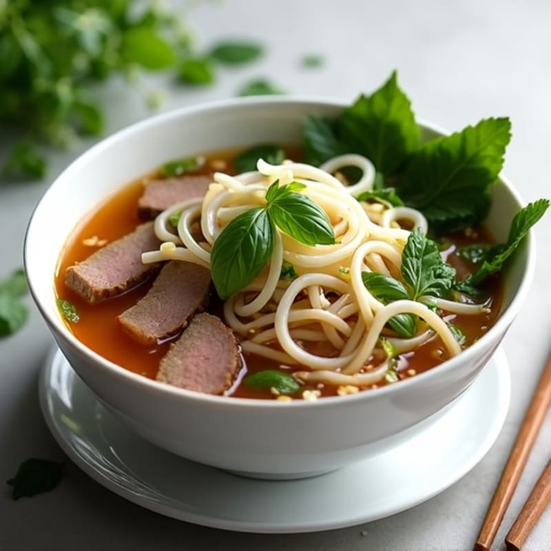 Fragrant Beef and Rice Noodle Soup with Fresh Herbs